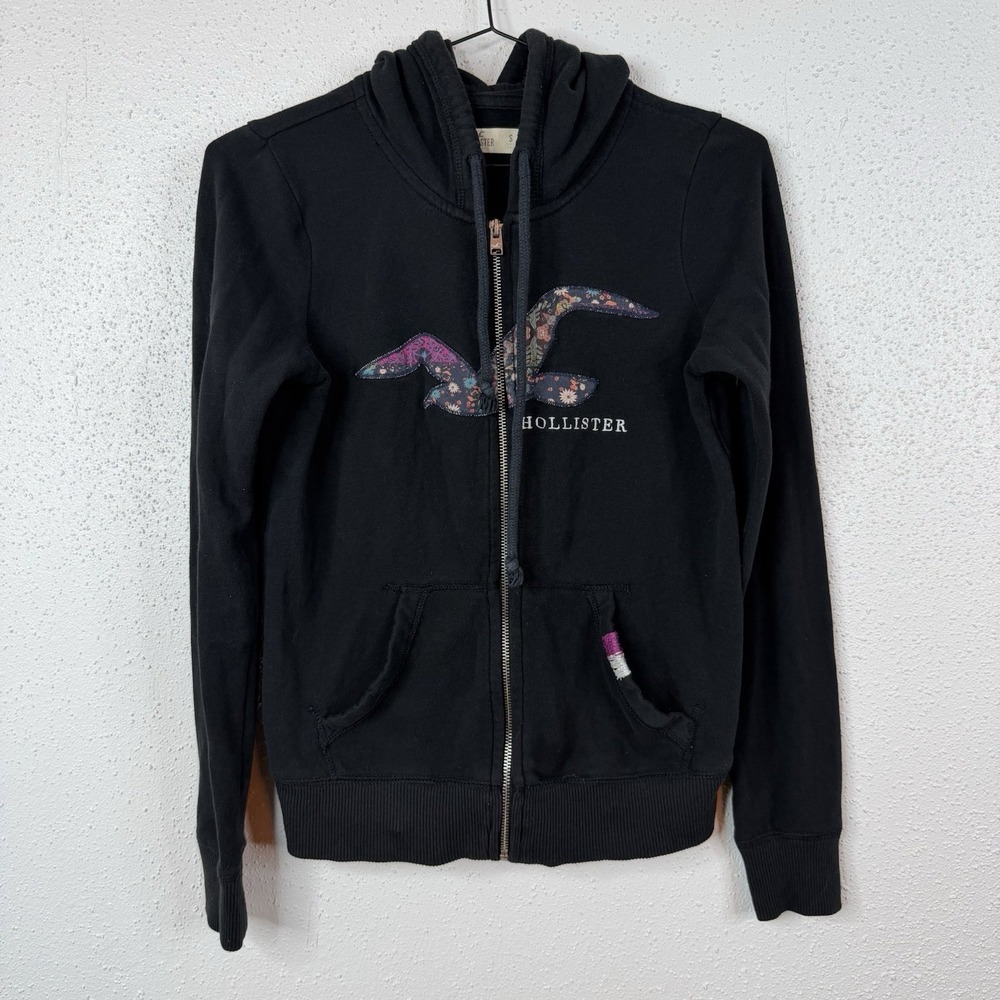 2000's Y2K Hollister Floral Seagull Zipup Women's Hoodie Size S Black